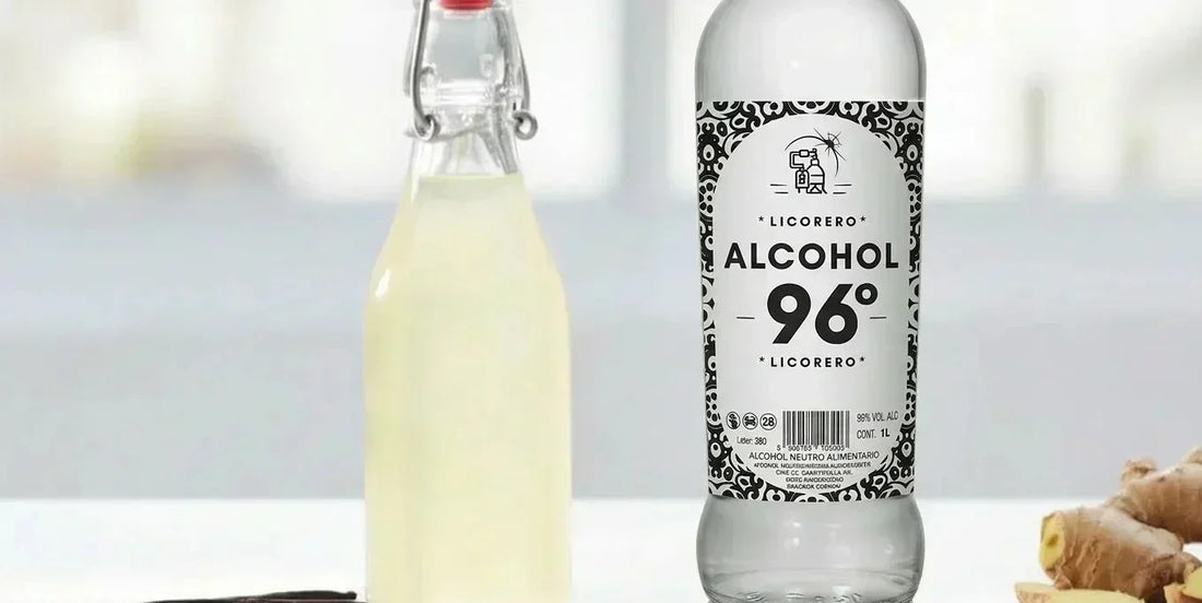 Preparación de licor de jengibre picante para coctelería Moscow Mule con base de alcohol puro de cereal.