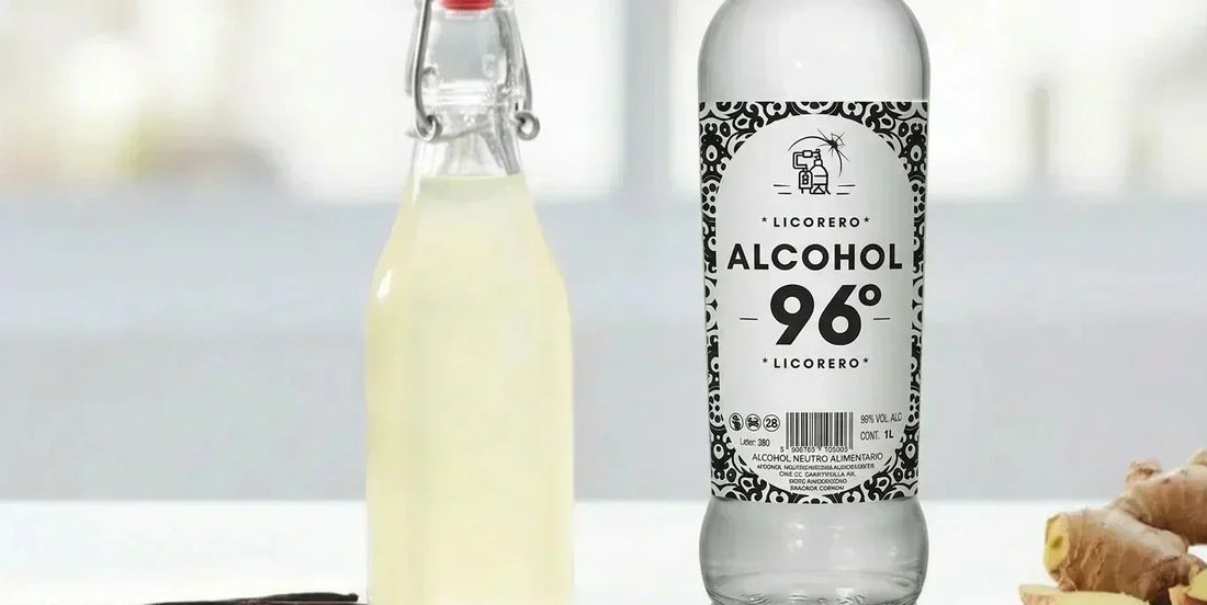 Preparación de licor de jengibre picante para coctelería Moscow Mule con base de alcohol puro de cereal.