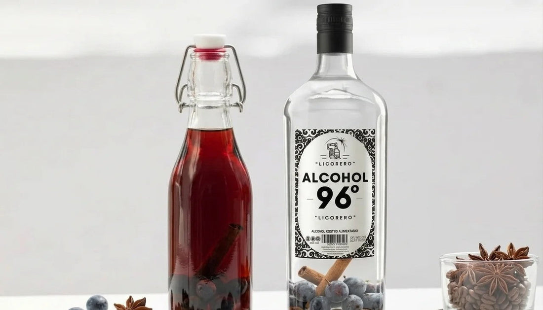 Botella de pacharán artesanal de color intenso con endrinas y granos de café.