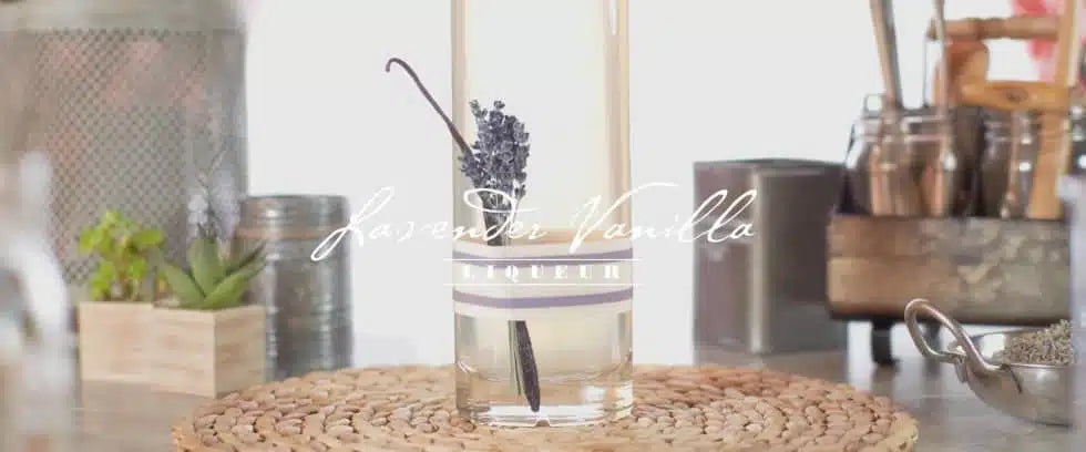 Maceración floral de licor de lavanda y vainilla en frasco de cristal usando alcohol puro de grado alimentario.
