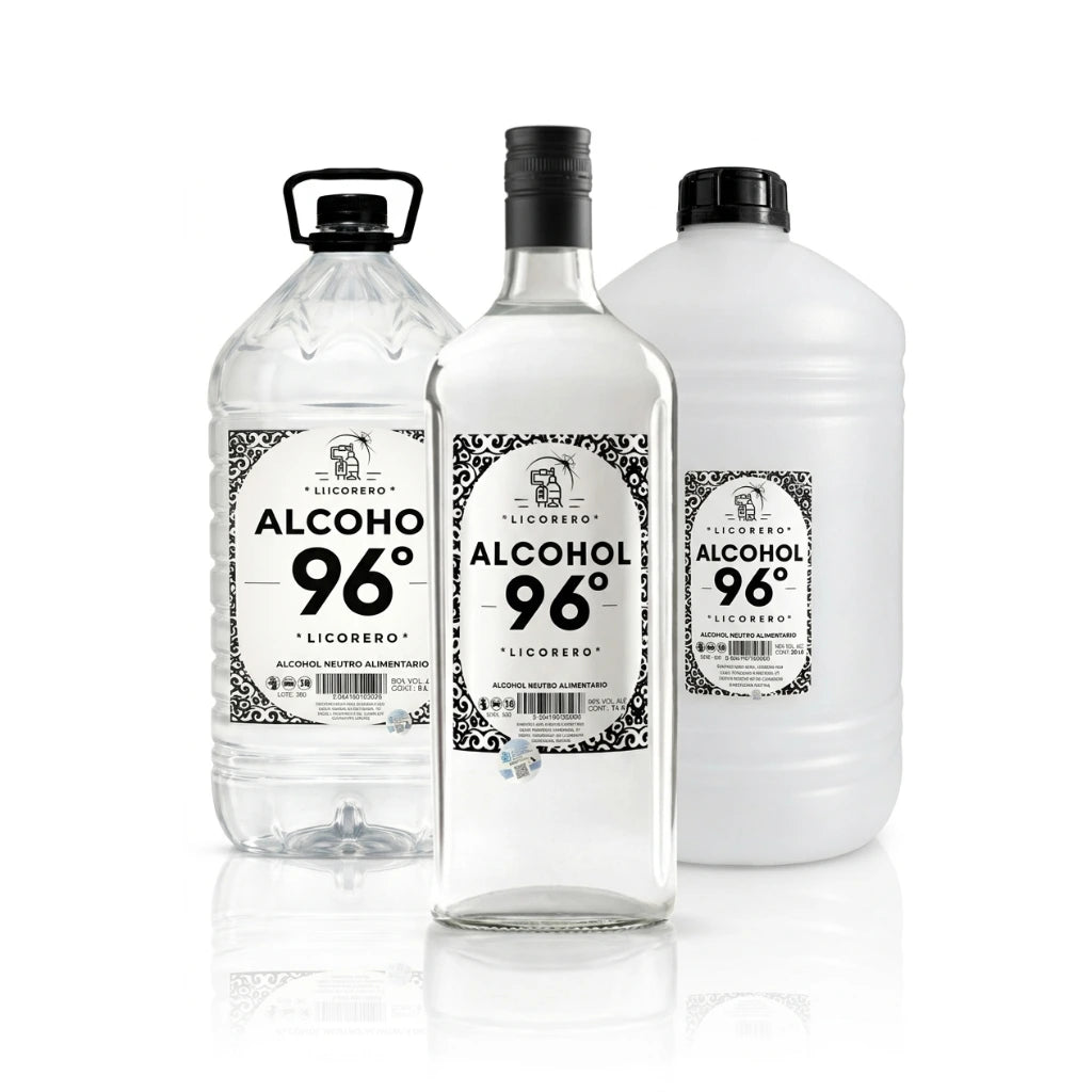 Gama completa de alcohol alimentario LICORERO 96 desde 1 litro hasta 20 litros.