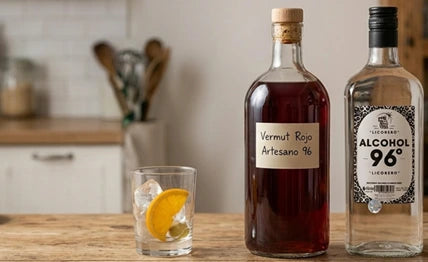 Botellas de vermut rojo casero con especias, cítricos y botánicos sobre mesa de madera.